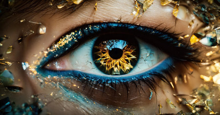 Close up shot of a beautiful woman's eye through broken glass. ai generative.の素材