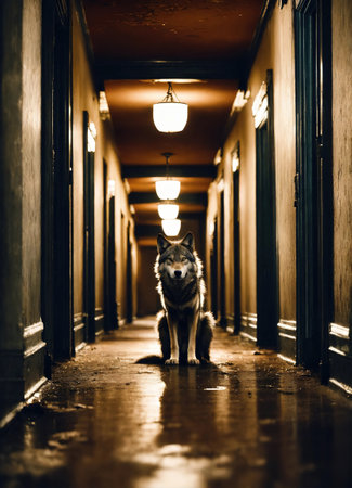 Portrait of a wolf in a dark corridor at night. ai generative.の素材