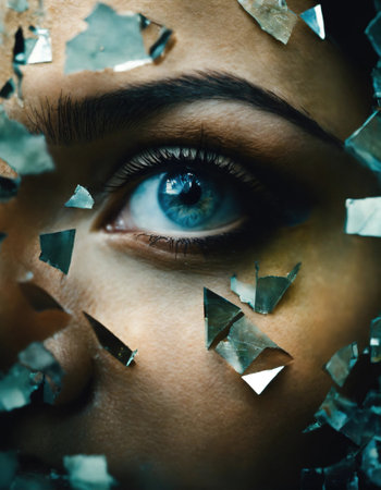 Close up shot of a beautiful woman's eye through broken glass. ai generative.の素材