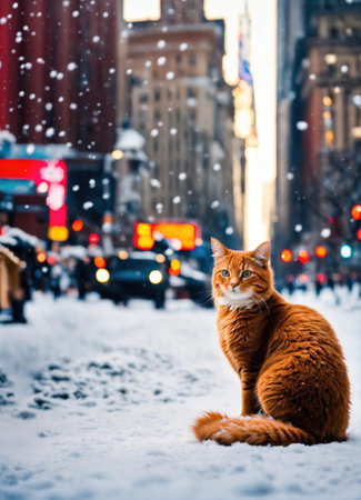 Ginger cat sitting on snow and looking at camera. Winter background. ai generative.の素材