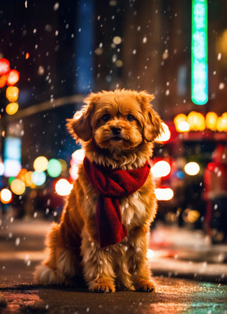 Cute Nova Scotia Duck Tolling Retriever dog sitting on a snowy street. ai generative.の素材