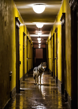 Portrait of a wolf in a dark corridor at night. ai generative.の素材