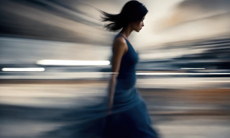 Blurry motion silhouette of a girl with long hair. ai generative.の素材