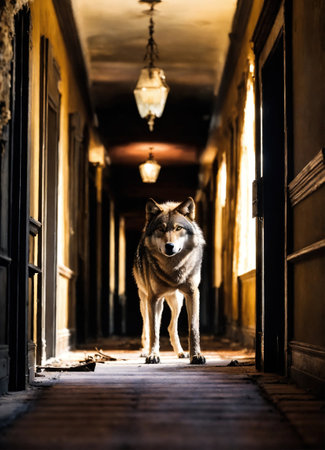 Portrait of a wolf in a dark corridor at night. ai generative.の素材