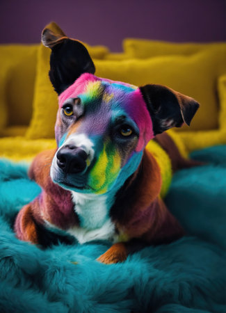 dog in a colorful wig. Selective focus. Toned. ai generative.の素材