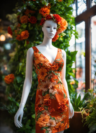 Fashionable evening orange summer dress on a mannequin. ai generative. ai generative.の素材