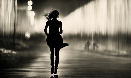 Blurry motion silhouette of a girl with long hair. ai generative.の素材