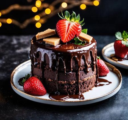 Chocolate cake with whipped cream and fresh fruits on a dark background. ai generative.の素材