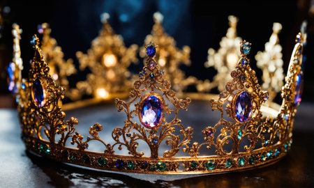 low key image of beautiful queen/king crown. vintage filtered. fantasy medieval period. selective focus. ai generative.の素材