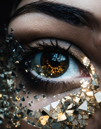 Close up shot of a beautiful woman's eye through broken glass. ai generative.の素材