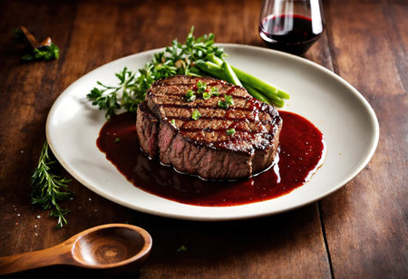 Beef steaks with asparagus and balsamic vinegar. ai generative.の素材