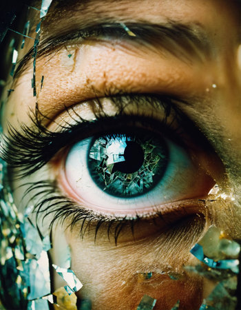 Close up shot of a beautiful woman's eye through broken glass. ai generative.の素材
