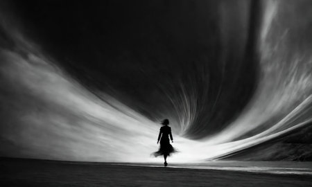 Blurry motion silhouette of a girl with long hair. ai generative.の素材