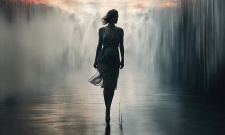 Blurry motion silhouette of a girl with long hair. ai generative.の素材