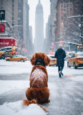 Cute Nova Scotia Duck Tolling Retriever dog sitting on a snowy street. ai generative.の素材
