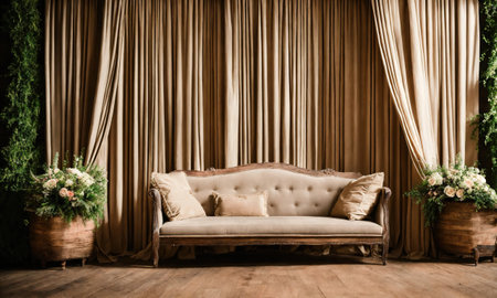 Interior of a rustic room with a beige sofa and curtains. ai generative.の素材