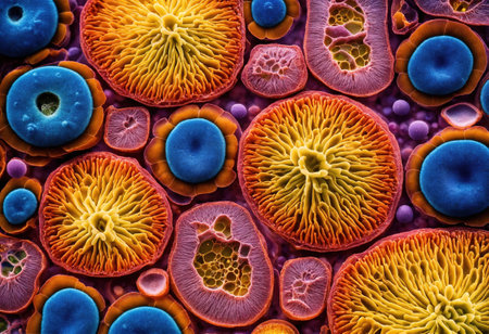 Colorful microorganism cells close up. illustration in high details for medical education and science. ai generative.の素材