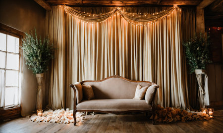 Interior of a rustic room with a beige sofa and curtains. ai generative.の素材