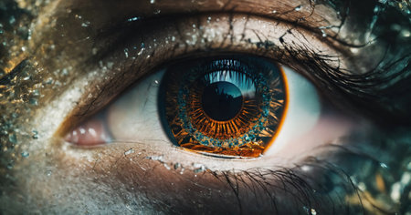 Close up shot of a beautiful woman's eye through broken glass. ai generative.の素材