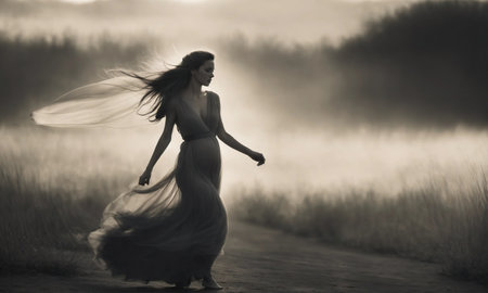 Blurry motion silhouette of a girl with long hair. ai generative.の素材