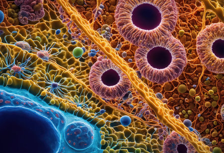 Colorful microorganism cells close up. illustration in high details for medical education and science. ai generative.の素材