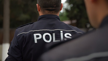 Close-up of a police officer standing in front of a man