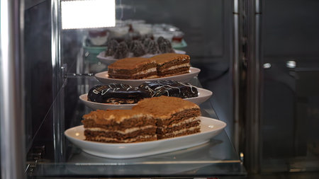Close up of chocolate cake in a pastry shop. Selective focus.