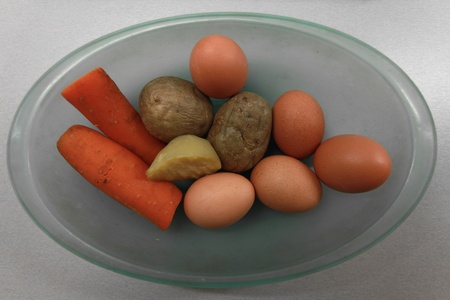 Boiled   eggs  and  vegetables  in  a glass plateの写真素材