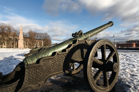 The old medieval bronze cannon on the gun carriageの写真素材
