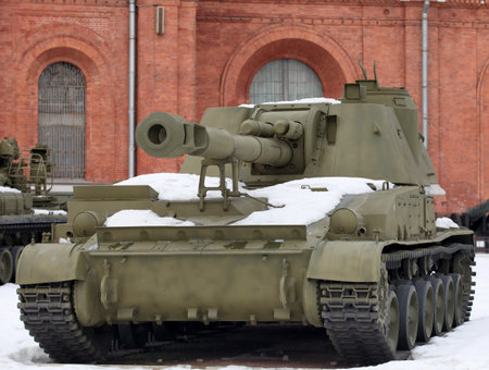 self-propelled cannon  against the fortress wallのeditorial素材