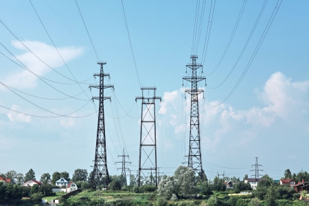 electricity pylon power lineの写真素材