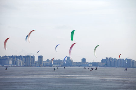 sailing in the winter  snowkiting のeditorial素材