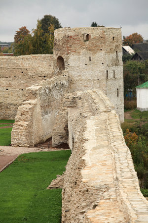 old fortress wall Pskov  Russia autumnのeditorial素材