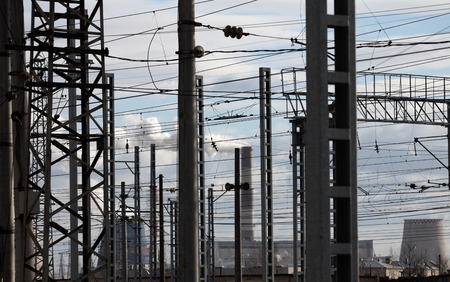 power station electrical wires industrial landscapeの写真素材