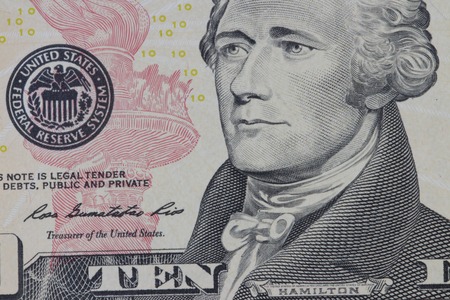 portrait of the American president  Hamilton dollar bills close-up