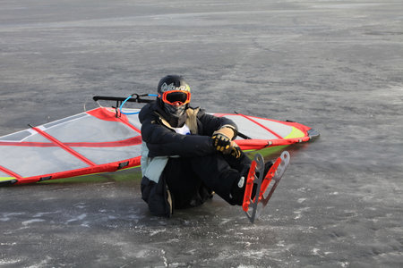 St. Petersburg, Russia, February 7, 2014 skater on large skates resting before start 
Ice wingのeditorial素材