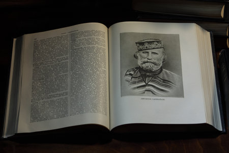Engraving portrait of Giuseppe Garibaldi illustration in the page of the Great Soviet Encyclopedia...