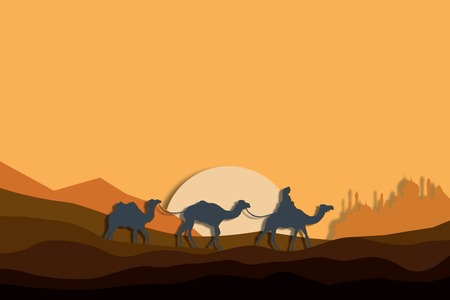 Camel caravan in the desert, paper artの写真素材