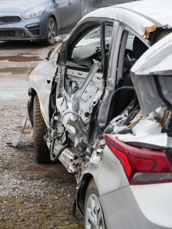St. Petersburg, Russia April 3, 2019 Hyundai Solaris after a car accident airbags did not work back viewのeditorial素材