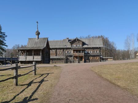 rustic log house with a chapel  Russian wooden architecture of the 19th centuryの写真素材