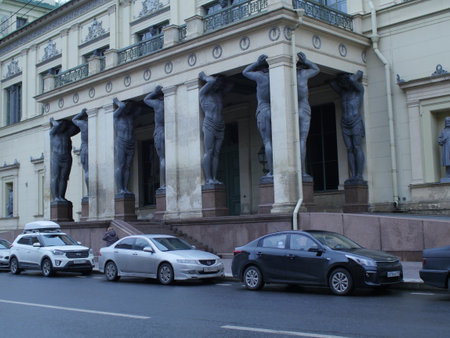 St. Petersburg, Russia, December 28, 2019, statue giants tall strong man Atlantes,  New Hermitageのeditorial素材
