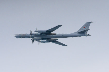 St. Petersburg, Russia, July 25, 2021 military parade, Tu-95 Soviet and Russian turboprop strategic...