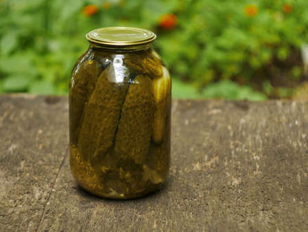 homemade canned cucumbers in a glass jar close-upの写真素材