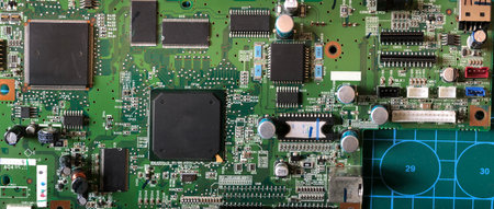 large microcircuits on a printed circuit board macro photography