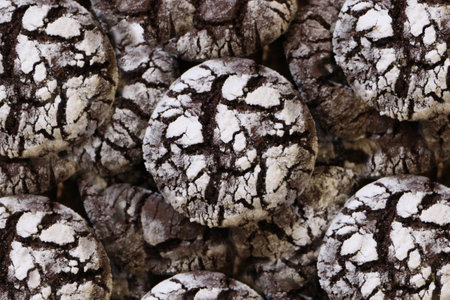 Chocolate gingerbread in powdered sugar with cracked crust culinary backgroundの写真素材