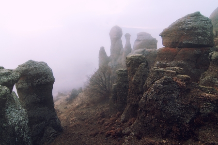 Amazing rock shapes in the fog on the slope of the mountain South Demerdzhi (Ghost valley), Crimeaの写真素材