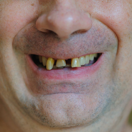 Curved male teeth. Close up of teeth before treatment