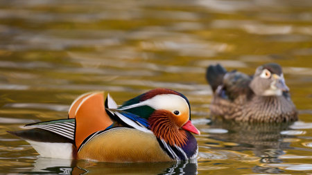 Portrait colorful Mandarin duck male Aix galericulata swimming in the river. closeup.の写真素材
