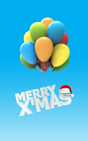 Merry X Mas font as colorful air balloons on blue background with Santa claus hat 3d renderの写真素材