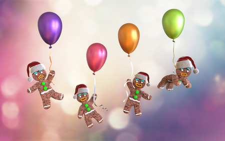 Gingerbread man cookies holding colorful balloons floating on colorful background, 3d illustration